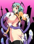  absurdres areolae breasts cum cum_on_body cum_on_breasts cum_on_upper_body demon_girl green_hair highres horns huge_breasts inverted_nipples large_areolae nipples onagi red_eyes solo sweater tentacles thighhighs 