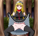  1girl bdsm black_dress black_legwear black_thighhighs blonde_hair blush bondage bound cat_eyes censored collar dress dress_lift elbow_gloves erect_nipples gloves hime_(kaibutsu_oujo) kaibutsu_oujo leash lilianne long_hair looking_at_viewer no_panties pussy red_eyes shaved_pussy slit_pupils solo spec_(artist) squatting sweat thighhighs tiara urasekai 