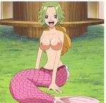  bad_photoshop breasts brown_eyes camie green_hair mermaid monster_girl nude_filter one_piece open_mouth photoshop short_hair sitting 