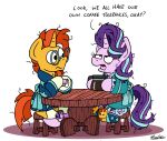  bags_under_eyes beverage bobthedalek clothing coffee coffee_cup coffee_pot container cup equid equine eyewear friendship_is_magic furniture glasses hair hi_res horn mammal messy_hair my_little_pony pajamas robe slippers starlight_glimmer_(mlp) sunburst_(mlp) table unicorn 