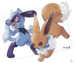  absurdres animal_hands blue_neckwear brown_eyes closed_mouth commentary_request eevee fang full_body hideko_(l33l3b) highres no_humans open_mouth pokemon pokemon_(creature) red_eyes riolu simple_background standing white_background 