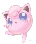  :d blue_eyes blush bright_pupils full_body happi_xfyg happy jigglypuff looking_up no_humans open_mouth pokemon_(creature) signature simple_background smile solo white_background white_pupils 