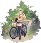  1girl azur_lane bag bicycle black_footwear black_legwear blonde_hair blue_eyes bow bowtie braid criin full_body ground_vehicle hair_ornament headphones highres kongou_(azur_lane) kongou_(breezy_commute)_(azur_lane) long_hair looking_at_viewer manjuu_(azur_lane) official_alternate_costume official_art outdoors parted_lips red_bow red_bowtie school_bag school_uniform skirt standing sweater thighhighs transparent_background 