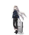  1girl azur_lane black_footwear boots denim enterprise_(azur_lane) eyewear_on_head from_behind grin hand_in_pocket hao_(patinnko) high_heel_boots high_heels highres holding holding_suitcase jacket jeans long_hair looking_at_viewer official_alternate_costume official_art pants purple_eyes silver_hair smile standing suitcase sunglasses transparent_background watch wristwatch 