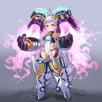  1girl :o armor blue_eyes breasts commentary_request divine_arsenal_aa-zeus_-_sky_thunder duel_monster full_body garoudo_(kadouhan&#039;i) gauntlets genderswap genderswap_(mtf) grey_background grey_hair looking_at_viewer mecha_musume personification small_breasts solo standing yu-gi-oh! 