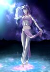  1girl absurdres arabian_clothes armlet barefoot dancer detached_sleeves glowing green_eyes harem_outfit harem_pants highres hime_cut long_hair midriff milky_way night night_sky original pants purple_hair reflection see-through shunobu sky smile standing standing_on_liquid star_(sky) veil water 