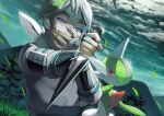  1boy armor beni_(pokemon) blue_eyes blurry cloud commentary_request gallade grass green_hair green_headband grey_hair half-closed_eyes headband holding holding_weapon leaves_in_wind looking_at_viewer male_focus motion_blur multicolored_hair night outdoors pokemon pokemon_(creature) pokemon_(game) pokemon_legends:_arceus short_hair sky spoilers star_(sky) streaked_hair tree twitter_username upper_body weapon yamanashi_taiki 