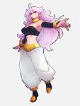  1girl android_21 bracelet choker colored_skin dragon_ball dragon_ball_fighterz earrings full_body grey_background hoop_earrings jewelry kemachiku long_hair looking_at_viewer majin_android_21 midriff navel pink_hair pink_skin red_eyes simple_background solo yellow_choker 