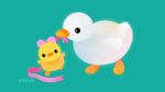  animal animal_focus aqua_background artist_name beak bird black_eyes bow commentary duck english_commentary mother_and_child mouth_hold no_humans original pikaole pink_bow pink_ribbon ribbon ribbon_in_mouth simple_background standing watermark 