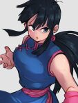  1girl black_eyes black_hair blue_dress breasts chi-chi_(dragon_ball) china_dress chinese_clothes dragon_ball dragon_ball_(classic) dress fighting_stance grey_background kemachiku large_breasts long_hair ponytail simple_background sleeveless solo 