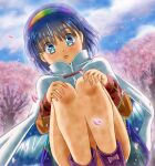  1girl blue_eyes blue_hair blush boots breasts cape cherry_blossoms closed_mouth day dress dutch_angle expressionless feet_out_of_frame hairband highres knees looking_at_viewer misaki_(originalsin) multicolored_clothes multicolored_dress nail_polish outdoors petals purple_eyes purple_hair short_hair sky solo sparkle tenkyuu_chimata touhou white_cape 