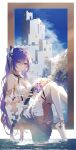  1girl bangs bare_shoulders bouquet braid building detached_sleeves double_bun dress flower genshin_impact hair_cones hair_ornament highres keqing_(genshin_impact) long_hair looking_at_viewer no_shoes purple_eyes purple_hair sitting sitting_in_window sky smile solo swkl:d thighhighs twintails water white_dress white_legwear 