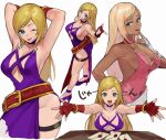  alternate_color armpits arms_up blonde_hair blue_eyes breasts cleavage dark_skin dress fatal_fury flower garou:_mark_of_the_wolves green_eyes high_heels highres jenet_behrn jolly_roger long_hair oni_gini pirate purple_dress rose snk tan tattoo the_king_of_fighters the_king_of_fighters_xv 