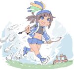 1girl age_of_empires_ii arrow_(projectile) blue_eyes blue_headwear blue_jacket blue_legwear blue_skirt bow_(weapon) brown_hair catapult commentary_request day grass hat hat_feather holding holding_arrow holding_bow_(weapon) holding_weapon jacket midriff miniskirt navel open_clothes open_jacket outdoors pleated_skirt plumed_archer_(age_of_empires_ii) running shoes silver_bell skirt sneakers socks solo sports_bra sweat weapon 