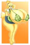  animal_crossing anthro big_breasts blush bra breasts canid canine canis clothed clothing domestic_dog female fur genitals hi_res huge_breasts hungy_ns hyper hyper_breasts isabelle_(animal_crossing) looking_at_viewer mammal nintendo nipples open_mouth orange_background pussy simple_background solo thick_thighs underwear video_games yellow_body yellow_fur 