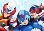  3boys :&lt; android axl_(mega_man) brown_hair closed_eyes cloud commentary_request crossed_arms friends green_eyes hand_on_another&#039;s_shoulder helmet looking_at_another lower_teeth mega_man_(series) mega_man_x:_command_mission mega_man_x_(character) mega_man_x_(series) multiple_boys open_mouth parco_1315 robot scar scar_on_face teeth upper_body upper_teeth zero_(mega_man) 