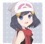  1girl alternate_hairstyle blue_eyes blue_hair border chocomiru dawn_(pokemon) from_side hat looking_at_viewer open_mouth pokemon pokemon_(game) pokemon_dppt polka_dot polka_dot_background red_scarf scarf shirt short_hair sleeveless sleeveless_shirt smile solo white_border 