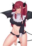  1girl :d absurdres ass_visible_through_thighs bangs bare_legs bare_shoulders barefoot black_panties black_wings blunt_bangs blush breasts cleavage collarbone crop_top demon_girl demon_horns demon_tail demon_wings fangs fingernails frilled_panties frilled_shirt frills green_eyes groin hair_ornament hair_scrunchie hand_on_own_thigh hand_up highres horns kitagawa_marin kneeling large_breasts long_fingernails long_hair long_sleeves looking_at_viewer midriff navel neck_ribbon open_mouth panties pinkcap pointy_ears puffy_long_sleeves puffy_sleeves red_hair revealing_clothes ribbon rizu-kyun scrunchie shirt sidelocks simple_background smile solo sono_bisque_doll_wa_koi_wo_suru straight_hair tail two_side_up underwear w white_background white_ribbon wings 