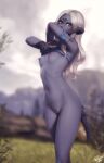  1girl arm_up artist_name au_ra blonde_hair blue_eyes blurry blurry_background bottomless breasts colored_nipples colored_skin commentary day english_commentary final_fantasy final_fantasy_xiv grass groin highres horns long_hair looking_at_viewer navel nipples outdoors personal_ami petite purple_nipples purple_skin pussy sadu_dotharl small_breasts solo stomach tail undressing 