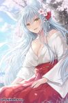  1girl :d ahoge animal_ear_fluff animal_ears artist_name bangs blurry blurry_background breasts cherry_blossoms cleavage collarbone commentary commission eyebrows_visible_through_hair flower grass hagino_kouta hair_flower hair_ornament hair_over_shoulder hair_ribbon hand_on_own_thigh highres japanese_clothes kimono light_blue_hair long_bangs long_hair long_sleeves looking_at_viewer off_shoulder open_mouth original outdoors petals ribbon sitting skeb_commission sky smile solo white_sleeves wide_sleeves yellow_eyes 
