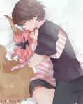  1boy 1girl animal_ear_fluff animal_ears artist_name bangs black_bow black_shirt blush bow brown_hair closed_eyes commentary_request eyebrows_visible_through_hair fate/extra fate/extra_ccc fate_(series) fox_ears fox_girl fox_tail hair_between_eyes hair_bow hetero hood hoodie hug kishinami_hakuno_(male) long_hair long_sleeves lying mzoo39 on_bed on_side pink_hair pink_hoodie shirt short_shorts short_sleeves shorts sleeping striped striped_hoodie tail tamamo_(fate) tamamo_no_mae_(fate/extra) tamamo_no_mae_(spring_casual)_(fate) twitter_username 