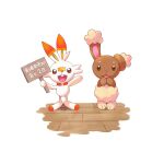  :d buneary commentary_request hands_up happi_xfyg happy holding holding_sign looking_at_viewer no_humans open_mouth pokemon pokemon_(creature) scorbunny sign smile standing tongue translation_request white_background wooden_floor 