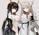 2girls :o absurdres animal_ears arknights arknights:_endfield bangs bare_shoulders belt belt_pouch black_hair blue_eyes blunt_bangs blush breasts character_request chinese_commentary commentary_request covered_nipples cowboy_shot dragon_girl dragon_horns dragon_tail dress eyebrows_visible_through_hair grey_background grey_jacket hand_on_another&#039;s_chin highres horns impossible_clothes impossible_dress jacket large_breasts long_hair looking_at_viewer mikuning multiple_girls off_shoulder one_eye_closed open_clothes open_jacket perlica_(arknights) pouch purple_eyes revision silver_hair simple_background tail tail_through_clothes twintails very_long_hair white_dress 