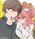  1boy 1girl animal_ear_fluff animal_ears artist_name bangs black_shirt blush breasts brown_eyes brown_hair collarbone commentary_request eyebrows_visible_through_hair fate/extella fate/extra fate/extra_ccc fate_(series) fox_ears fox_girl fox_tail hair_between_eyes hand_on_another&#039;s_shoulder hetero kishinami_hakuno_(male) large_breasts long_hair long_sleeves looking_at_another mzoo39 pink_hair shirt sweatdrop tail tamamo_(fate) tamamo_no_mae_(fate/extra) tamamo_no_mae_(jk)_(fate) tsukumihara_academy_uniform_(fate/extra_ccc) twitter_username upper_body white_shirt yellow_eyes 