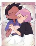  2girls akakon_ow amity_blight bed blanket blush closed_eyes couple cropped_hoodie cuddling dark-skinned_female dark_skin happy holding_hands hood hoodie light_blush luz_noceda midriff multiple_girls pillow pointy_ears purple_hair short_hair sleeping smile the_owl_house very_short_hair yuri 