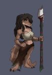  absurd_res anthro bandaged_chest black_hair breasts brown_body brown_eyes brown_scales clothing conditional_dnp crocodilian dreadlocks ebonychimera female hair hi_res long_tail melee_weapon polearm reptile scales scalie solo spear teeth_showing watermark weapon 