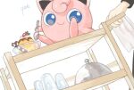  1other arm_support blue_eyes bowl closed_mouth commentary_request food from_below fruit happi_xfyg holding holding_spoon jigglypuff looking_down pokemon pokemon_(creature) pudding signature smile spoon strawberry white_background 