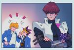  +++ 3boys anger_vein bangs black_hair black_shirt blonde_hair blue_eyes blue_jacket blue_pants border bright_pupils brown_hair buttons chain clenched_teeth closed_mouth coat commentary crossed_arms hand_on_hip jacket jounouchi_katsuya kaiba_seto male_focus millennium_puzzle multiple_boys notice_lines on_(isk1812) open_clothes open_jacket pants purple_hair shirt short_hair sleeveless_coat spiked_hair strap teeth white_coat white_pupils white_shirt yami_yuugi yu-gi-oh! yu-gi-oh!_duel_monsters 