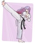  1girl absurdres alternate_costume artist_name barefoot belt black_belt breasts camilla_(fire_emblem) closed_mouth commentary dougi fire_emblem fire_emblem_fates hair_over_one_eye highres karate kicking large_breasts light_purple_hair long_hair looking_at_viewer motion_lines open_clothes purple_eyes raydango signature simple_background smile solo underboob watermark 