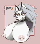  anthro big_breasts big_nipples breasts canid canid_demon canine canis collar demon female fur grey_body grey_fur grey_hair hair hellhound helluva_boss hi_res huge_breasts looking_at_viewer loona_(helluva_boss) mammal nipples nude piercing red_sclera simple_background solo thirstydraws white_body white_eyes white_fur 