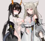  2girls :o absurdres animal_ears arknights arknights:_endfield bangs bare_shoulders belt belt_pouch black_hair blue_eyes blunt_bangs blush breasts cat_ears character_request chinese_commentary commentary_request cowboy_shot dragon_girl dragon_horns dragon_tail dress eyebrows_visible_through_hair grey_background grey_jacket hand_on_another&#039;s_chin highres horns impossible_clothes impossible_dress jacket large_breasts long_hair looking_at_viewer mikuning multiple_girls navel nipples off_shoulder one_eye_closed open_clothes open_jacket perlica_(arknights) pouch purple_eyes revision silver_hair simple_background tail tail_through_clothes torn_clothes torn_dress twintails very_long_hair white_dress 
