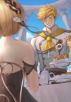  1boy 1girl absurdres bangs bare_shoulders black_dress blonde_hair blush chef_uniform closed_eyes cloud day djeeta_(granblue_fantasy) dress food granblue_fantasy highres neckerchief nyapanu outdoors shirt short_hair smile teeth undercut vane_(granblue_fantasy) white_shirt yellow_neckerchief 