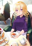  1girl alternate_costume bangs blonde_hair blush breasts brown_nails cake chair commentary_request commission cream_puff cup earrings eyebrows_visible_through_hair fingernails floral_print food highres jewelry kaede_(mmkeyy) lace_trim large_breasts light_rays lips maribel_hearn nail_polish plate purple_eyes purple_shirt sandwich shadow shirt short_hair skeb_commission smile solo sunbeam sunlight table tablecloth tea teacup teapot tile_floor tiles touhou watch 