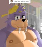  anthro archie_comics black_nose clothing hat head_tuft headgear headwear hi_res hunter-husky looking_at_viewer male mammal marine multicolored_body narrowed_eyes nipples pecs pinniped purple_body rotor_the_walrus sega signature sonic_the_hedgehog_(archie) sonic_the_hedgehog_(comics) sonic_the_hedgehog_(series) text tuft tusks two_tone_body walrus window 