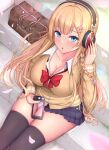  1girl :o azur_lane bag bangs beige_cardigan blonde_hair blue_eyes blue_skirt braid breasts cardigan cellphone_picture cleavage collarbone collared_shirt commentary_request day from_above hair_ornament hairclip headphones highres holding holding_phone kongou_(azur_lane) large_breasts long_hair looking_at_viewer melopun open_mouth outdoors panties petals phone pleated_skirt red_ribbon ribbon school_bag school_uniform shirt sitting skindentation skirt solo stairs star_(symbol) star_hair_ornament thighhighs thighs underwear white_panties white_shirt 