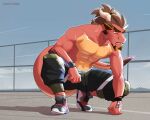  absurd_res anthro athletic athletic_anthro athletic_male bodily_fluids bottomwear brown_hair clothed clothing draftgon dragon fence footwear hair hi_res horn male outside pants red_body scalie shoes sky solo sweat topless 