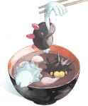  @_@ ^_^ blush bowl chopsticks closed_eyes commentary_request dripping dumpling eating food hanging happi_xfyg highres no_humans pincurchin pokemon pokemon_(creature) pyukumuku snom soup wet white_background 