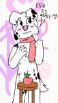  &lt;3 anthro apple blue_eyes breasts canid canine canis censored clothed clothing covering covering_breasts covering_crotch covering_pussy covering_self dalmatian domestic_dog female fur hi_res mammal mattdraws7 nervous nervous_smile nervous_sweat partial_nudity partially_clothed pink_nose scarf sherry_mccallister_(mattdraws7) simple_background slim small_breasts solo spots spotted_body spotted_fur tail_down 