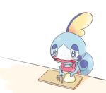  apron blue_eyes blush bright_pupils chopping commentary_request cutting_board frown happi_xfyg holding holding_knife knife looking_down no_humans onion open_mouth pink_apron pokemon pokemon_(creature) sobble solo tearing_up tongue white_pupils 