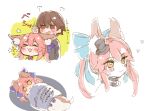  &gt;_&lt; 1boy 1girl :3 animal_ear_fluff animal_ears bangs black_shirt blue_ribbon blush bow brown_eyes brown_hair chibi chop commentary_request eyebrows_visible_through_hair face fate/extra fate/extra_ccc fate_(series) fox_ears fox_girl fox_tail frown hair_between_eyes hair_bow hair_ribbon heart hitting kishinami_hakuno_(male) long_hair long_sleeves multiple_views mzoo39 open_mouth pink_hair ribbon shirt sketch star_(symbol) sweat tail tamamo_(fate) tamamo_no_mae_(fate/extra) tamamo_no_mae_(sable_mage)_(fate) tears v-shaped_eyebrows white_background yellow_eyes 