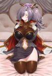  1girl absurdres alternate_breast_size alternate_race bed bed_sheet cape clothing_cutout gloves granblue_fantasy grey_hair hair_over_one_eye hand_on_own_chest highres humanization kneeling long_bangs long_hair navel navel_cutout niyon_(granblue_fantasy) older on_bed orange_eyes pillow ponytail shou_illust skindentation solo thighhighs 