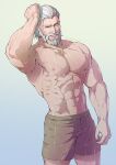  1boy abs armpits artist_name bara beard biceps black_eyes evinist facial_hair hand_on_own_head highres large_pectorals male_focus manly mature_male muscular muscular_male navel nipples overwatch pectorals reinhardt_(overwatch) scar scar_across_eye shorts smile thick_arms topless topless_male water wet white_hair 