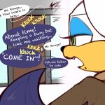  absurd_res anthro beauty_mark chiropteran dialogue door english_text female goat-kun hi_res knocking mammal office rouge_the_bat sega solo sonic_the_hedgehog_(series) sound_effects text wings 