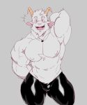  absurd_res anthro bovid caprine chesschirebacon clothed clothing fur goat hi_res horn latex_legwear male mammal muscular muscular_anthro muscular_male nipples pecs pink_eyes solo topless white_body white_fur 