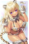  1girl :o animal_ear_fluff animal_ears animal_print bangs bikini blonde_hair breasts brown_gloves claw_pose cleavage commission eyebrows_visible_through_hair fang fur-trimmed_gloves fur_trim gloves hagino_kouta hair_between_eyes hands_up highres large_breasts looking_at_viewer multi-strapped_bikini original parted_lips print_bikini purple_eyes skeb_commission solo swimsuit tail tan tiger_ears tiger_girl tiger_print tiger_tail translation_request 