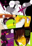  anthro bed brown_hair clothing color_edit colored comic deltarune dialogue duo edit english_text female furniture green_clothing green_eyes green_shirt green_topwear grey_clothing grey_shirt grey_topwear hair hand_on_arm hard_translated hi_res human japanese_text komarukoune kris_(deltarune) male male/female mammal pattern_clothing pattern_shirt pattern_topwear purple_body purple_skin pushed_down red_eyes shirt simple_background striped_clothing striped_shirt striped_topwear stripes susie_(deltarune) text topwear translated ukyu undertale_(series) video_games 